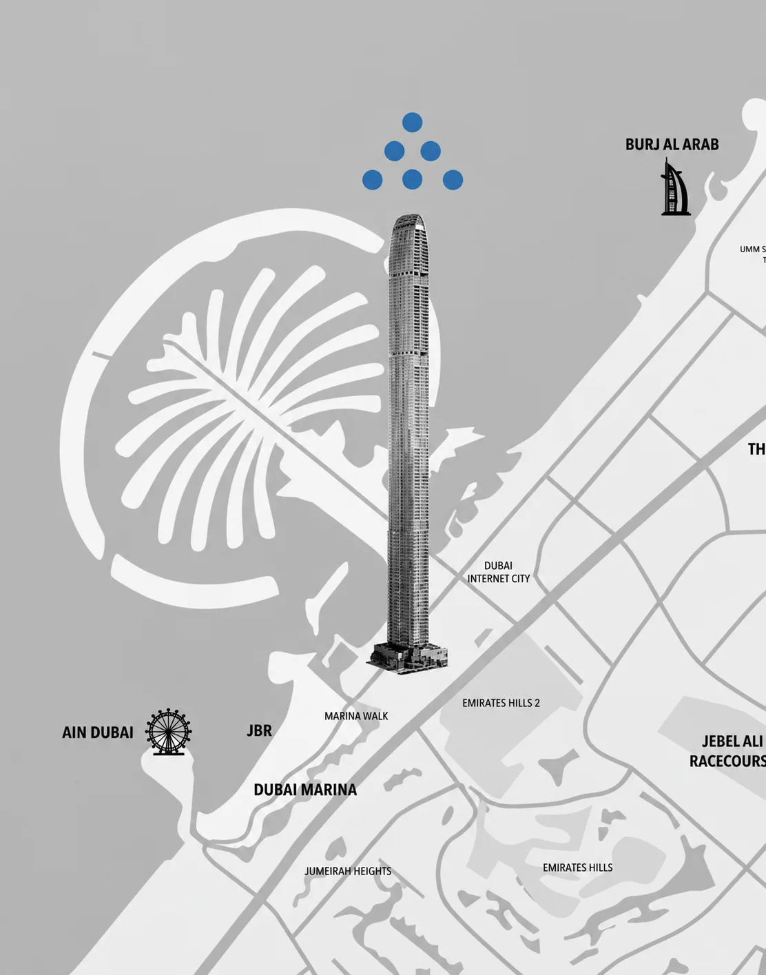 Map positioning Lunaya near Sheikh Zayed Road and major destinations in the Jebel Ali growth corridor